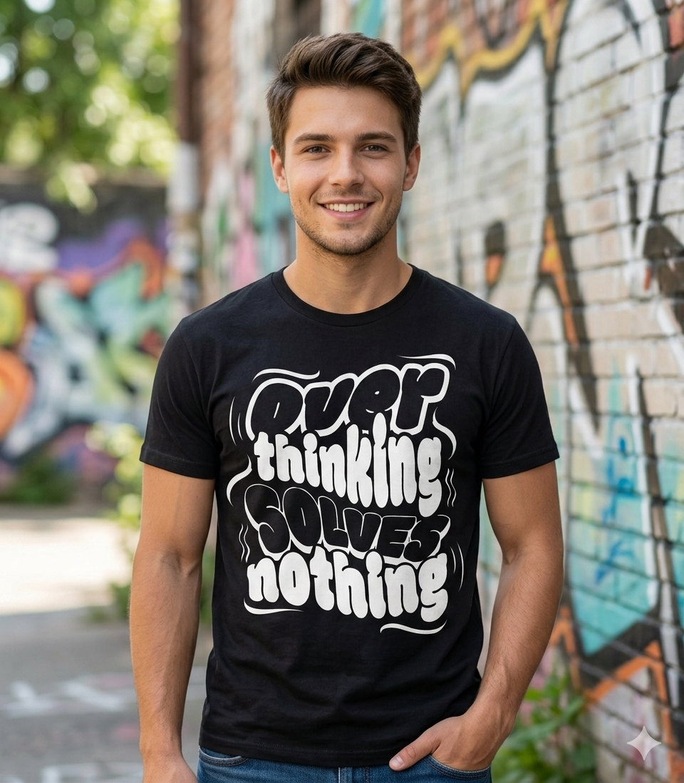 Man wearing a black t-shirt with white text standing in front of a graffiti wall.