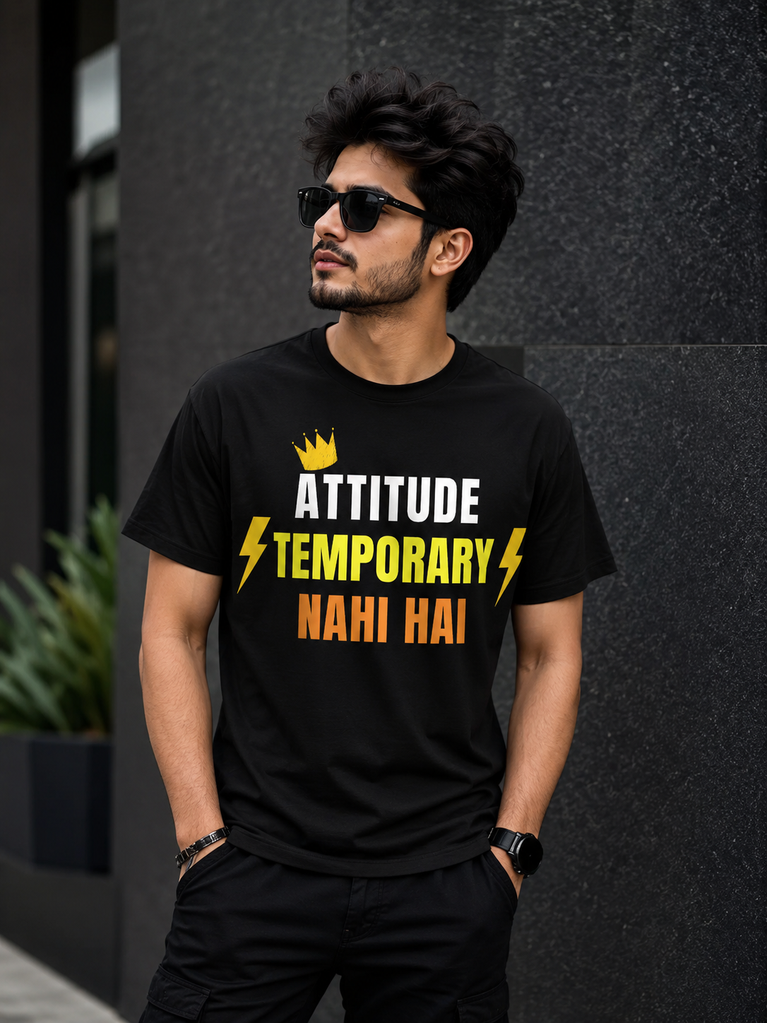 Man wearing a black t-shirt with a motivational quote against a dark wall.