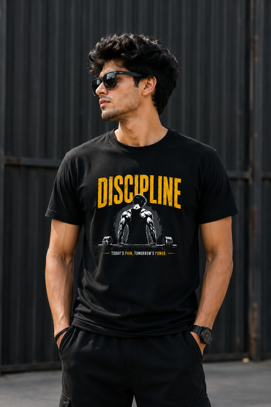 Man wearing a black t-shirt with 'Discipline' graphic and text against a dark background