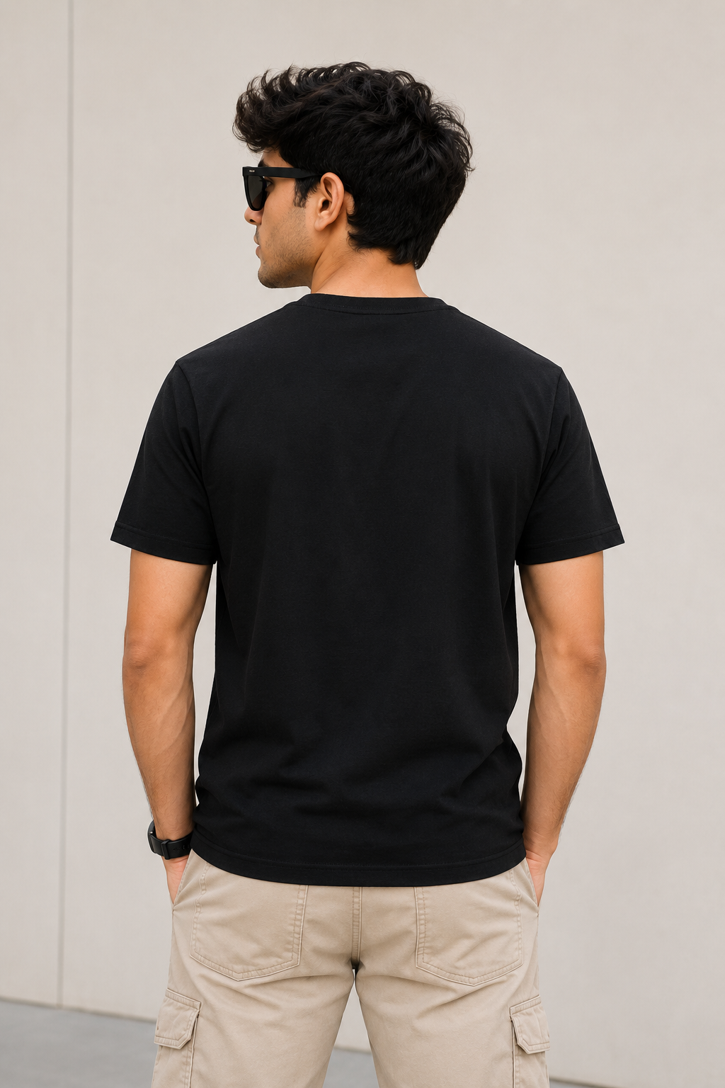 Man wearing a black t-shirt and beige pants against a plain background