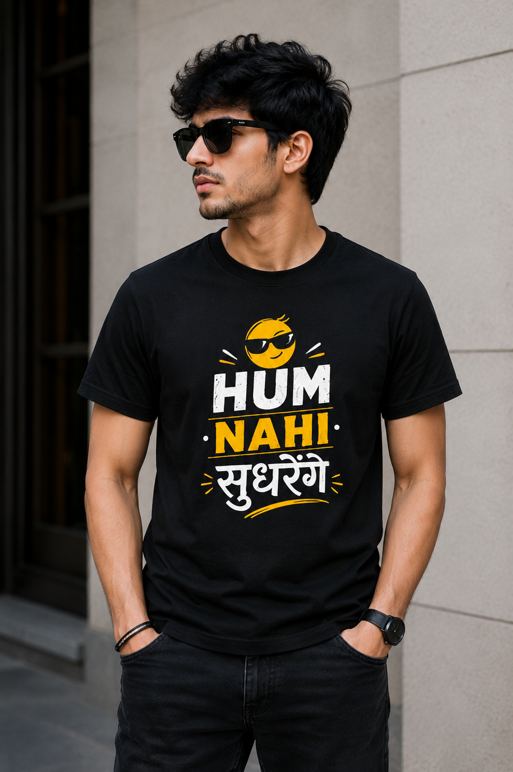 Hum Nahi Sudhrenge – Funny Hindi Attitude Graphic T-Shirt (Black)