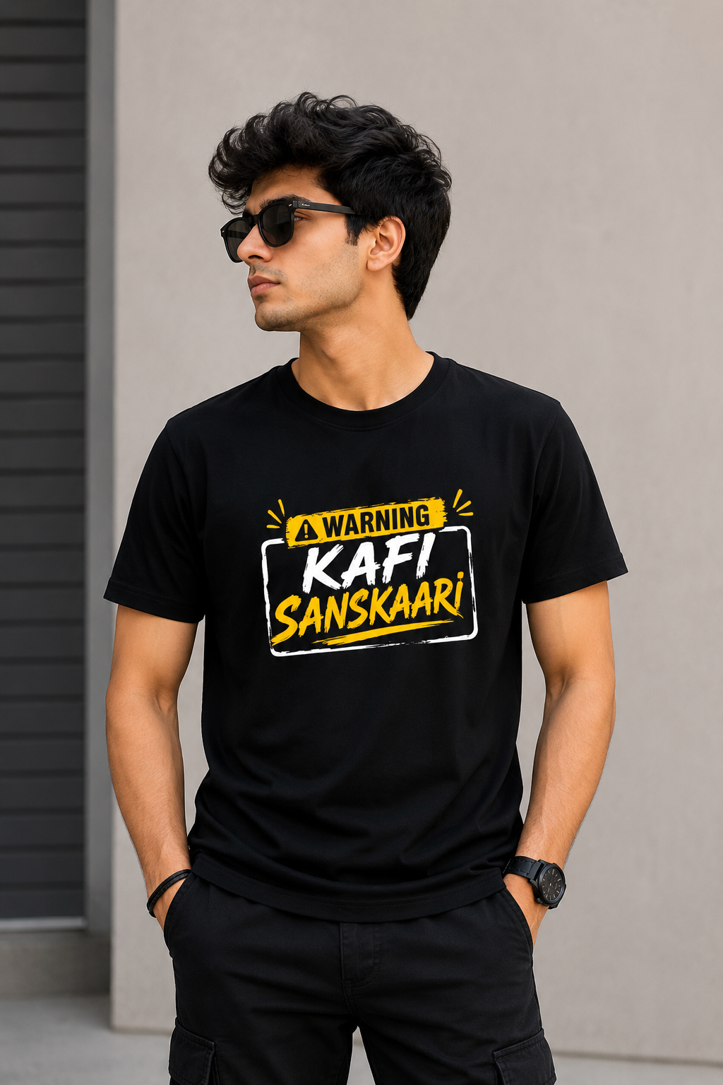 Man wearing a black t-shirt with 'Kafi Sanskaari' text design.