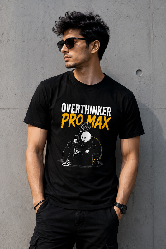 Man wearing a black t-shirt with 'OVER THINKER PRO MAX' text and graphic against a gray wall.