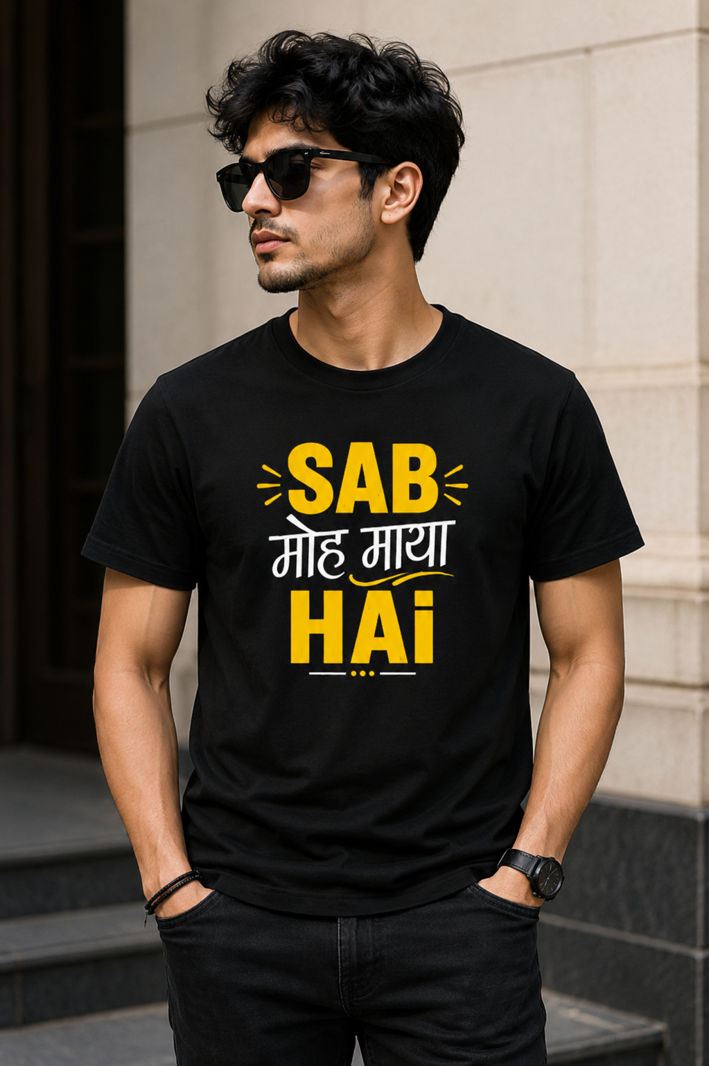 Man wearing a black t-shirt with yellow and white text standing outdoors.