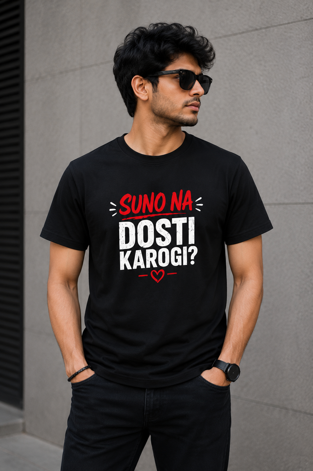 Suno Na, Dosti Karogi? – Cute & Funny Hindi Graphic T-Shirt (Black)
